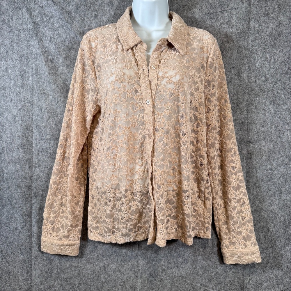 Womens Lace Button Down sheer collar top Shirt Size L Beige Crushed Velvet Sheer